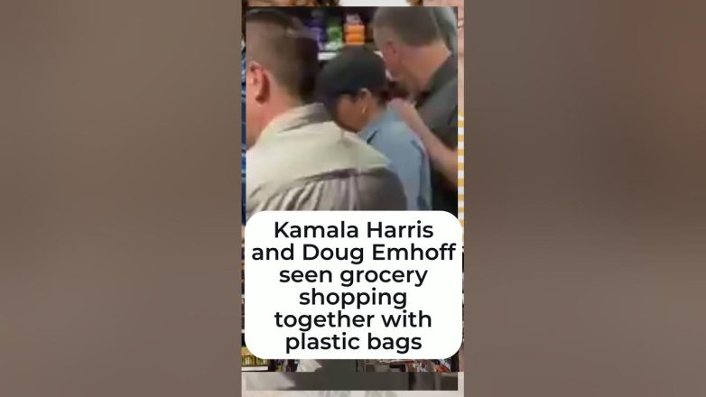 Kamala Harris and Doug Emhoff seen grocery shopping together with plastic bags.